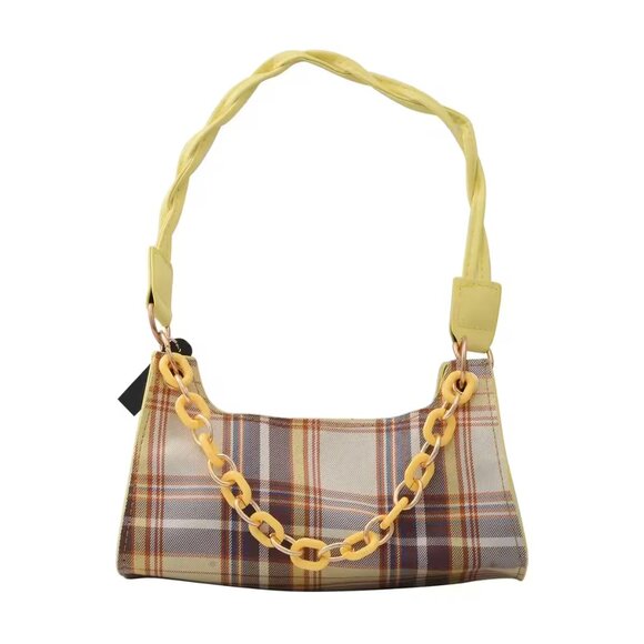 Unbranded Handbags - Royal Siamese Yellow Color Check Pattern Faux Leather Mini Handbag - NEW
